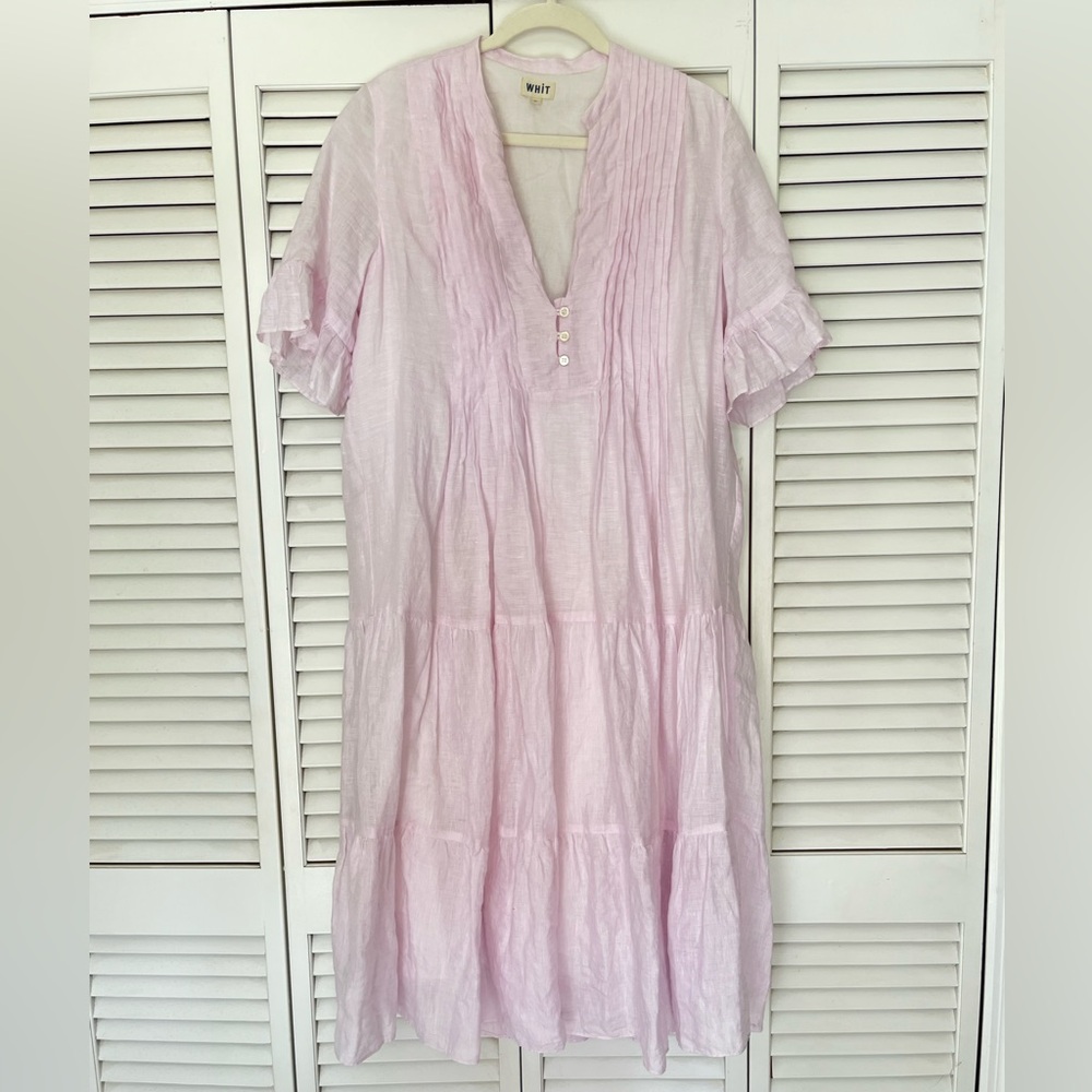 WHIT Light Pink/Purple Tiered Ruffle-Sleeve Midi Dress 100% Linen